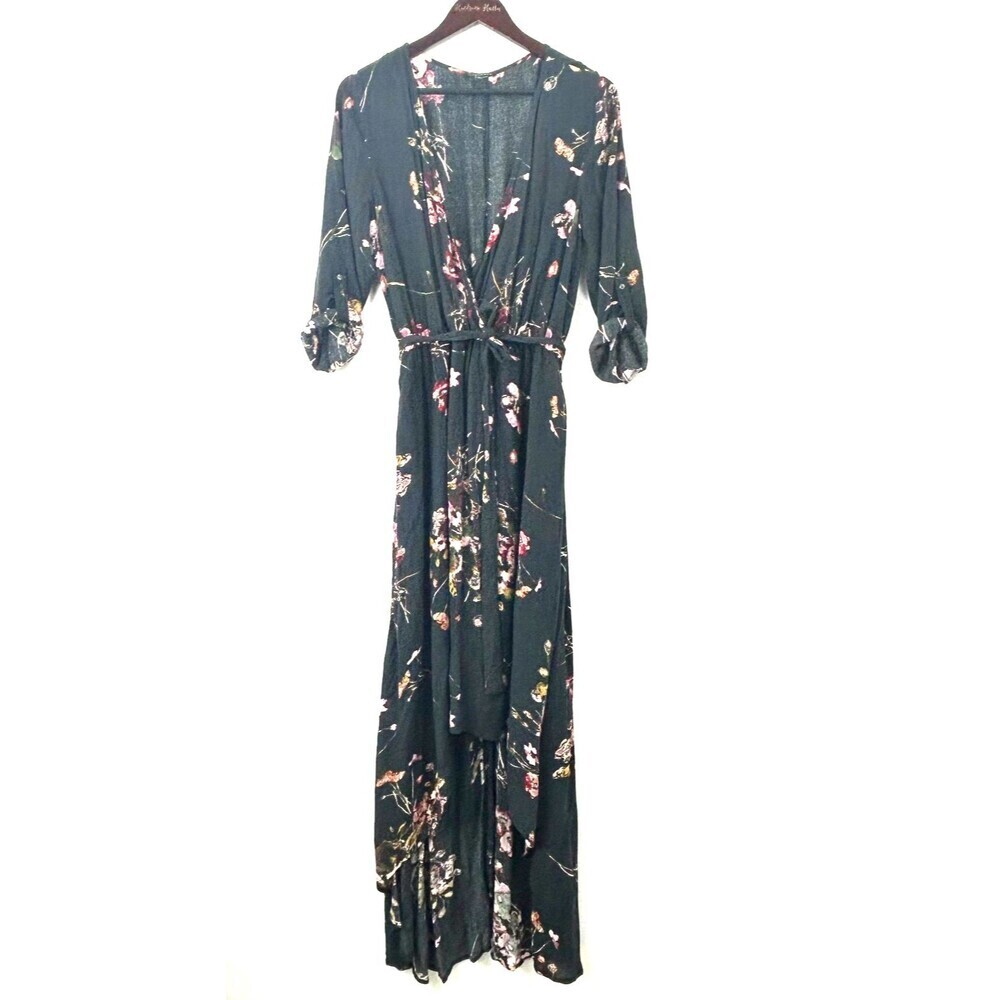Staccato Dark Gray Floral Maxi Dress Faux Wrap Roll Tab Sleeve Elastic Waist L